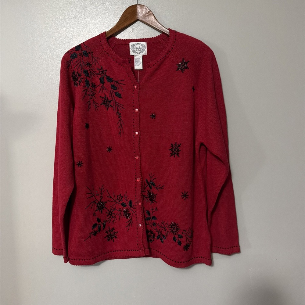 stitches in time sweater L Red Black Embellished Cardigan Holiday Floral Winter
